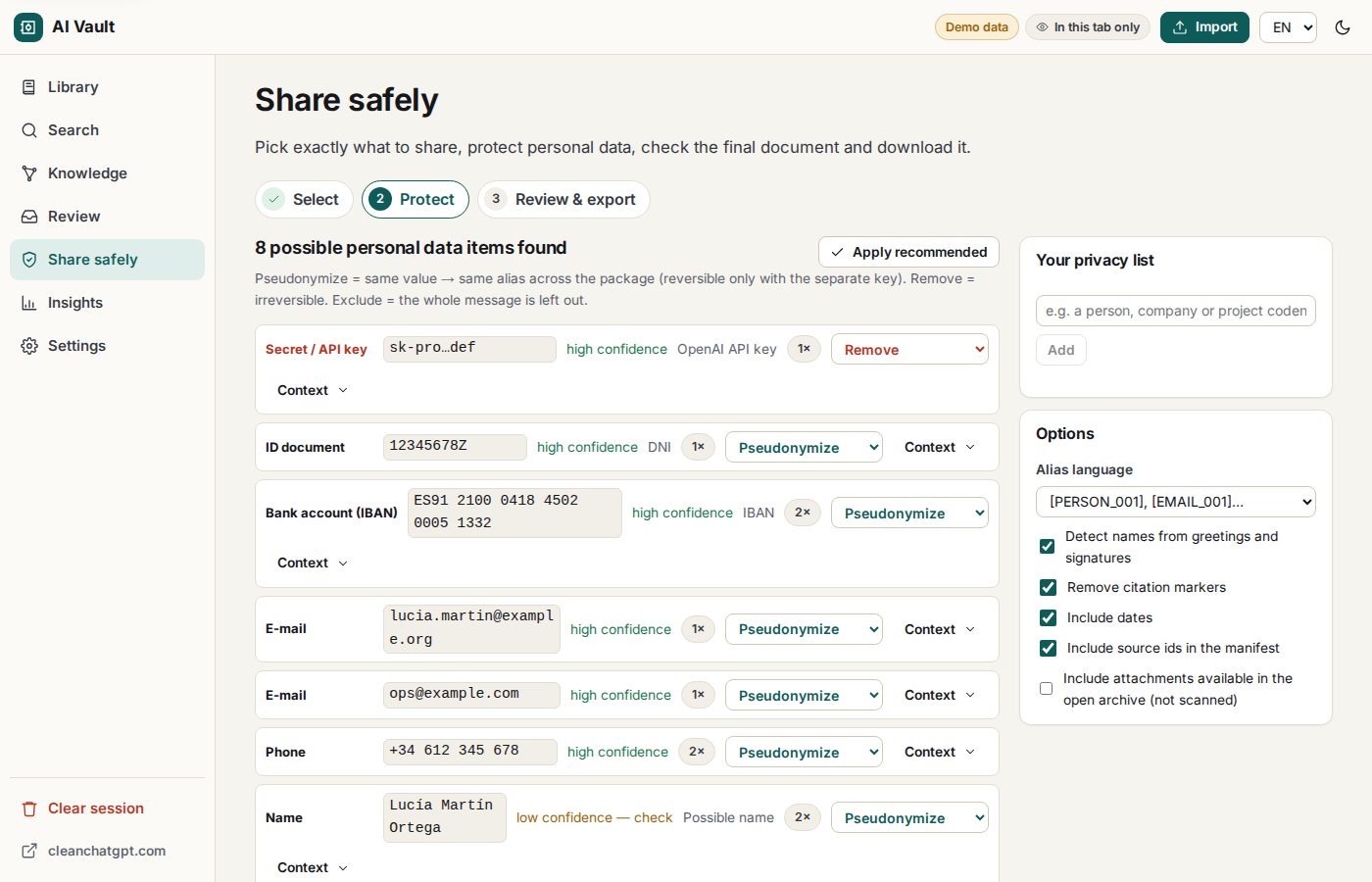 Personal-data review before exporting