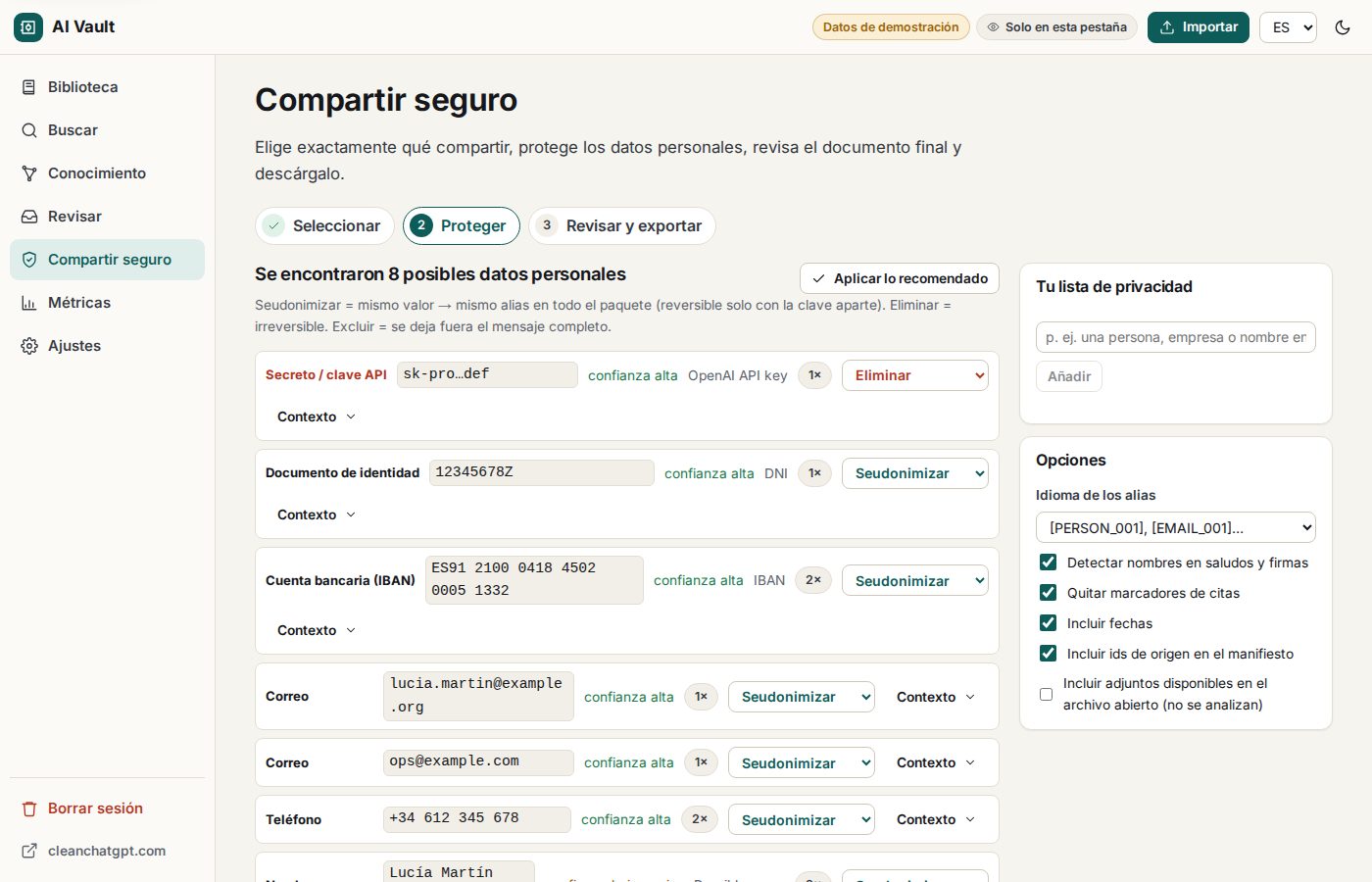 Revisión de datos personales antes de exportar